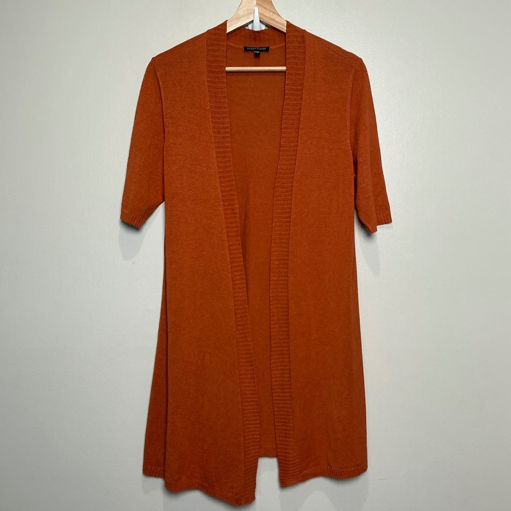 Eileen Fisher Cardigan Women Size S Open Front Orange Cotton Silk Knit Longline